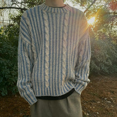 Men's Stripes Contrast Color Round Neck Casual Sweater