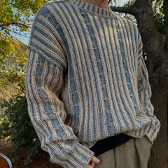 Men's Stripes Contrast Color Round Neck Casual Sweater