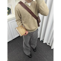 Vintage Fake Two-piece V-neck Sweater Men's Knitted Polo Shirt