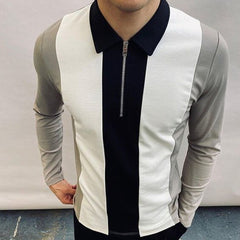 Men's Colorblock Zipper Lapel Long Sleeve T-shirt Slim Polo Shirt T-shirt