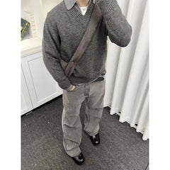 Vintage Fake Two-piece V-neck Sweater Men's Knitted Polo Shirt