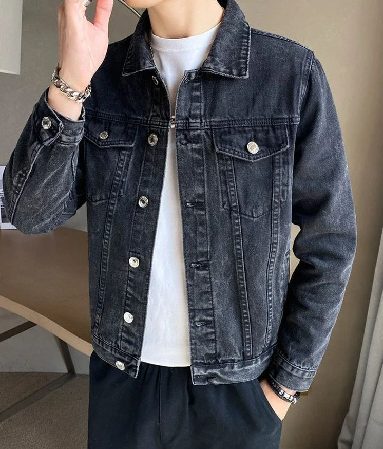 Men's Black Denim Jacket - Autumn